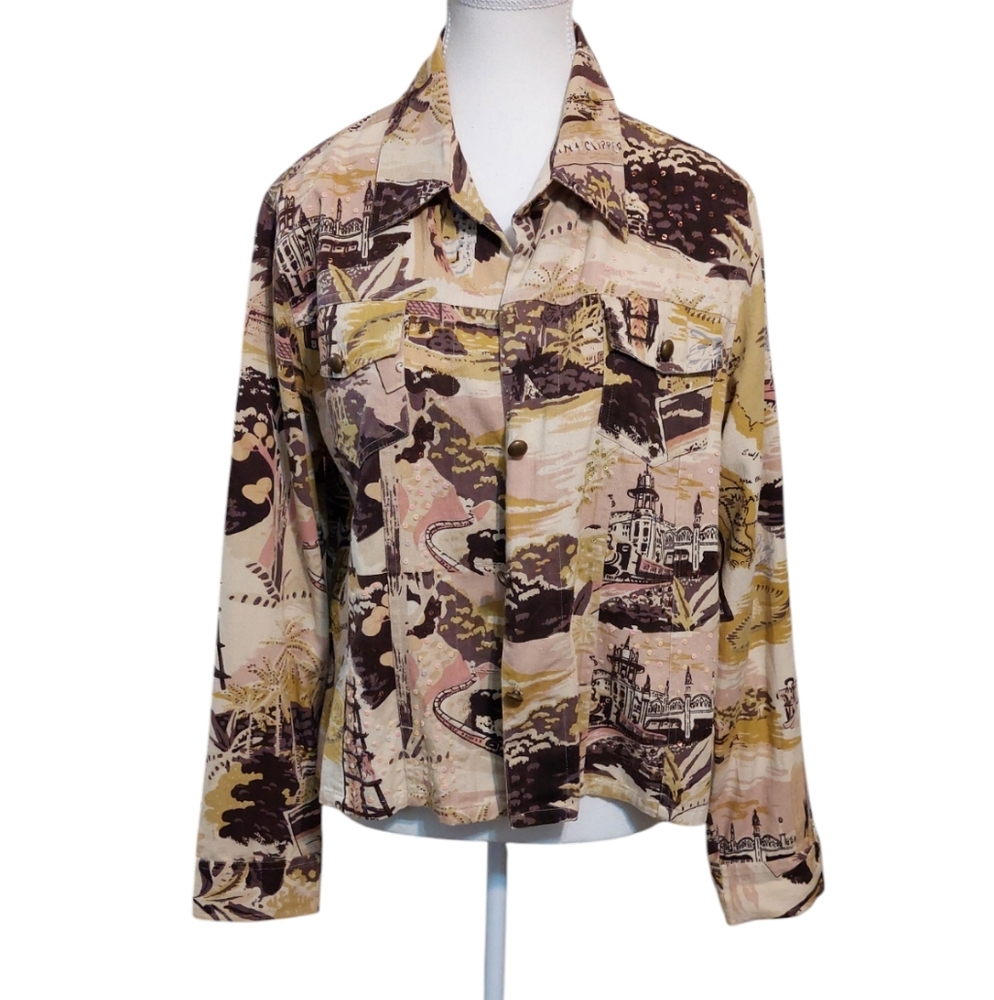 Soho Brand Vintage Sequin Scenic Print Denim Feel Button-Up Shirt Size Large